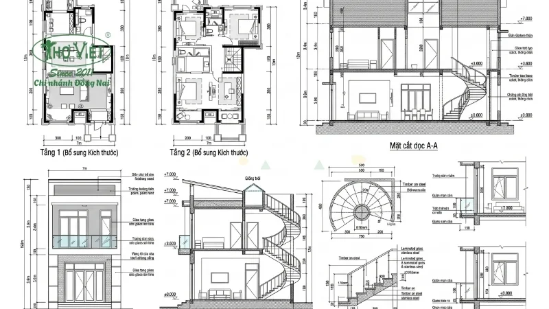 bản vẽ cad nhà 2 tầng 7x12m