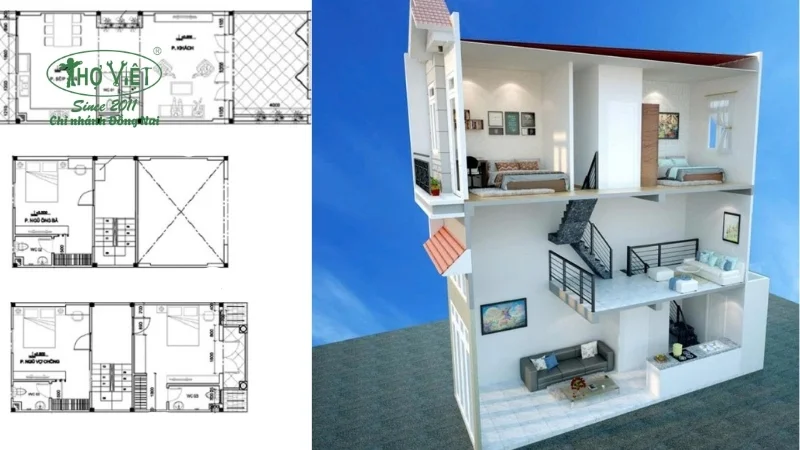 Mẫu bản vẽ nhà 1 trệt 1 lửng 1 lầu số 1