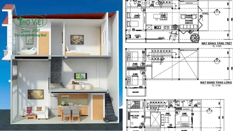 Mẫu bản vẽ nhà 1 trệt 1 lửng 1 lầu