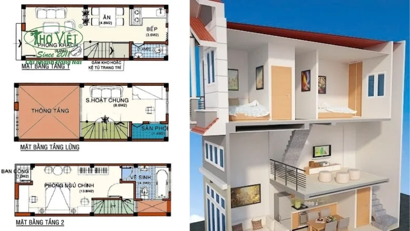 Mẫu bản vẽ nhà 1 trệt 1 lửng 1 lầu