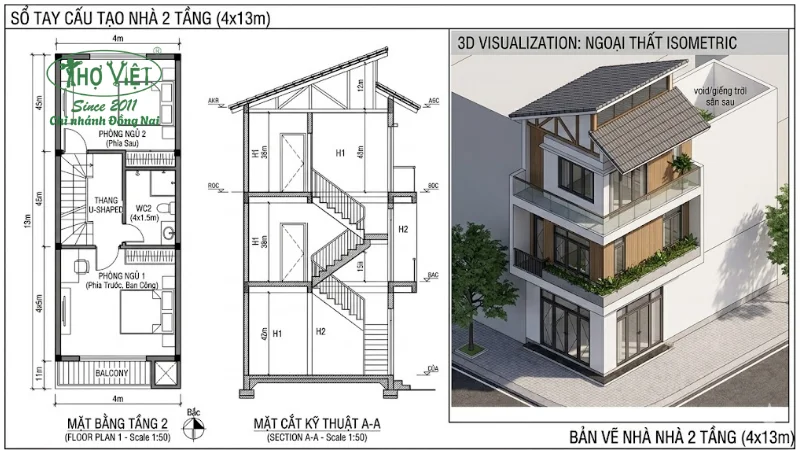 Mẫu bản vẽ nhà 2 tầng 4x13