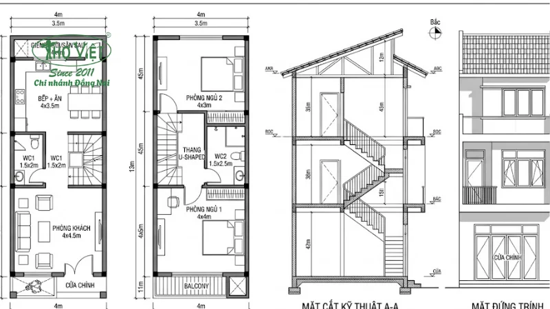 bản vẽ nhà 2 tầng 4x13