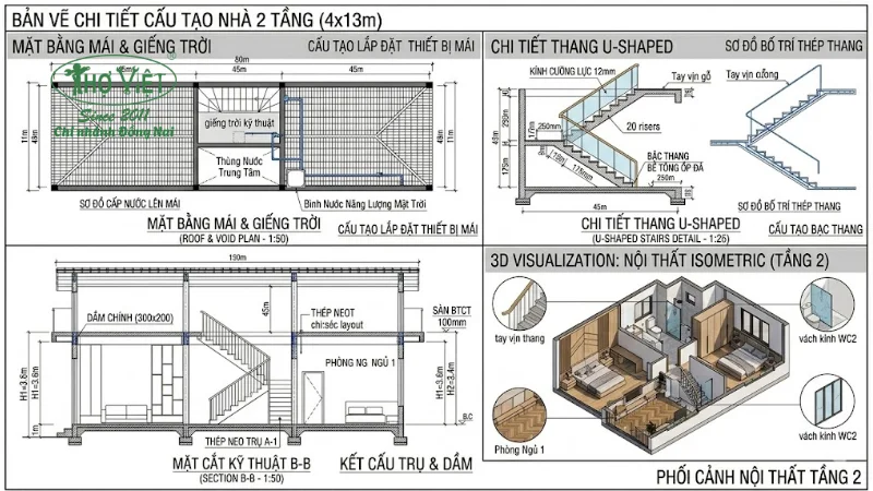 Mẫu bản vẽ nhà 2 tầng 4x13