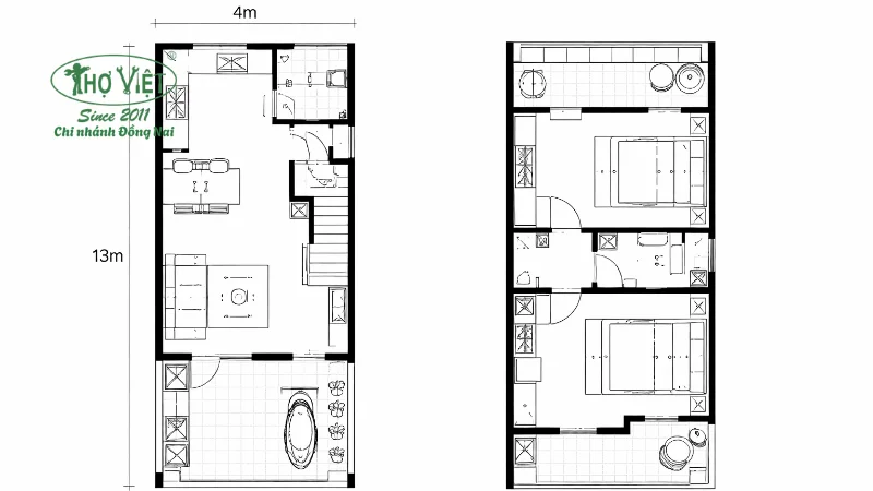 Mẫu bản vẽ nhà 2 tầng 4x13