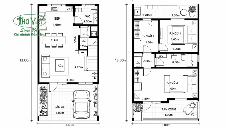 Mẫu bản vẽ nhà 2 tầng 4x13 