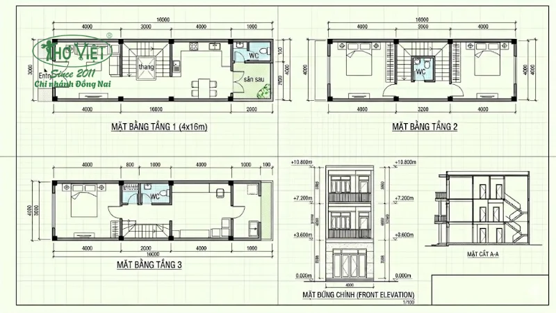 Bản vẽ cad nhà phố 4x16m 3 tầng chi tiết 