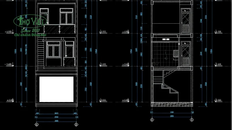 Bản vẽ cad nhà phố 4x16m 3 tầng chi tiết 