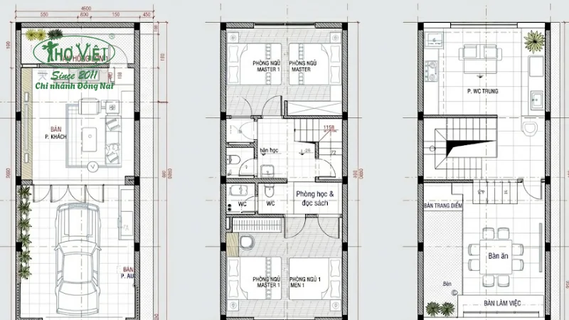 Bản vẽ cad nhà phố 4x16m 3 tầng chi tiết 