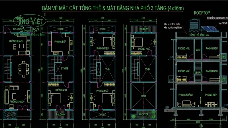 Bản vẽ cad nhà phố 4x16m 3 tầng chi tiết 