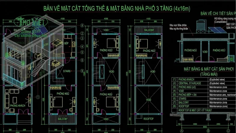 Bản vẽ cad nhà phố 4x16m 3 tầng chi tiết 