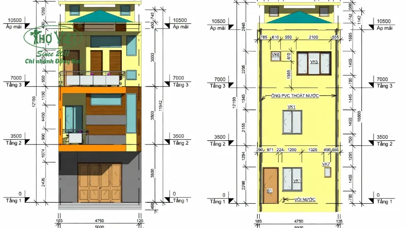 Bản vẽ cad nhà phố 4x16m 3 tầng chi tiết 
