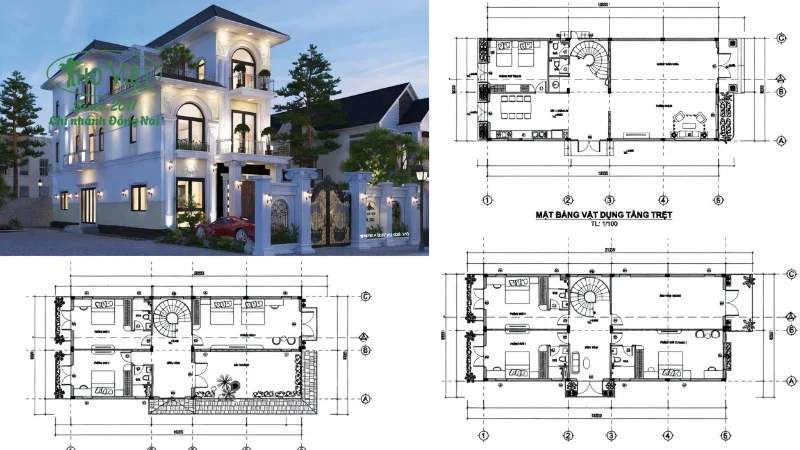 Bản vẽ cad nhà phố 4x16m 3 tầng chi tiết 
