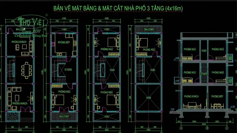 Bản vẽ cad nhà phố 4x16m 3 tầng chi tiết 