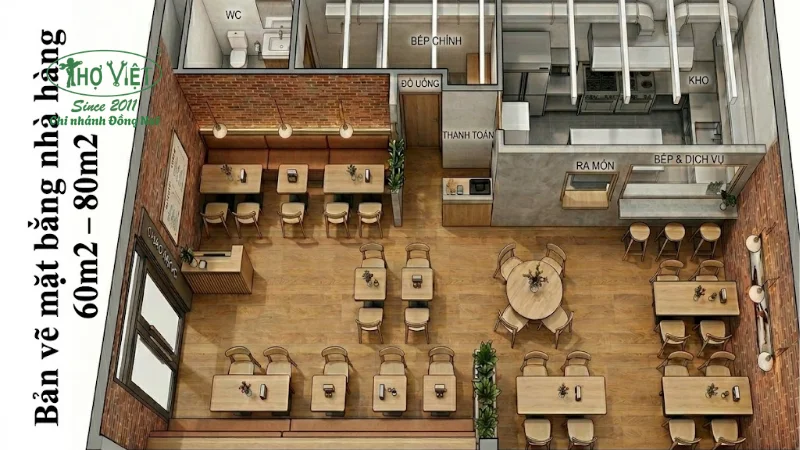 Bản vẽ mặt bằng nhà hàng diện tích nhỏ (60m2 – 80m2)