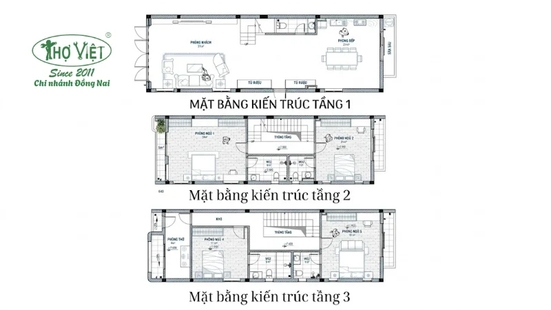 Bản vẽ nhà 3 tầng 5x15m 