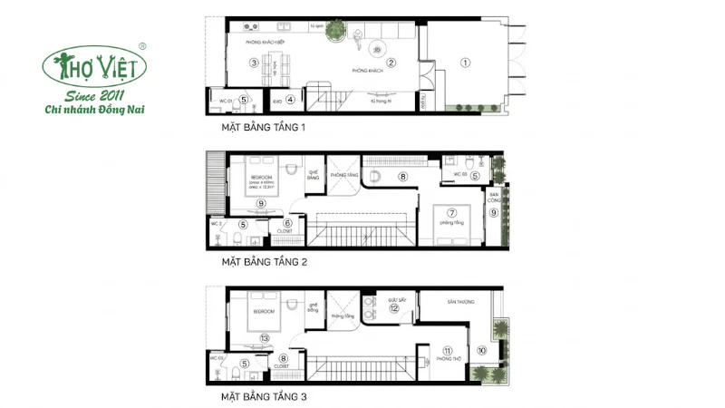 Bản vẽ nhà 3 tầng 5x15m 