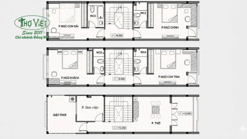 Bản vẽ nhà 3 tầng 5x15m 