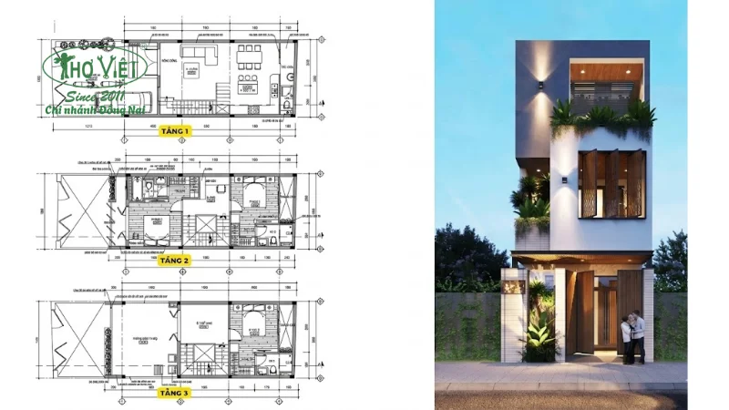 Bản vẽ nhà 3 tầng 5x15m 