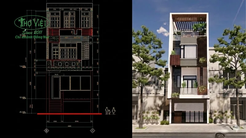 Bản vẽ nhà 3 tầng 5x15m 