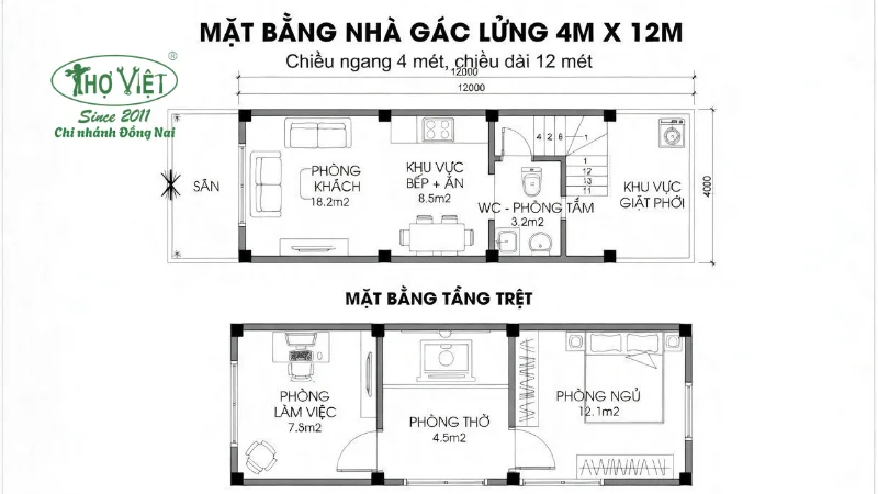mẫu bản vẽ nhà cấp 4 có gác lửng 4x12