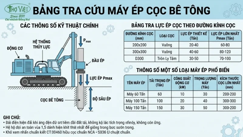 Bảng tra máy ép cọc phổ biến trên thị trường
