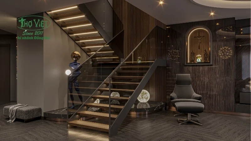 thiết kế cầu thang giữa nhà đẹp và tinh tế