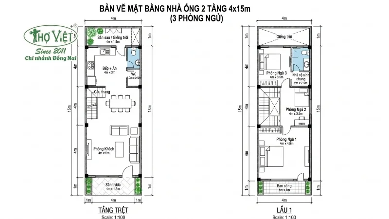 Bản vẽ mặt bằng nhà ống 2 tầng 4x15m 3 phòng ngủ