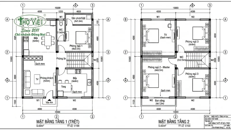 Bản vẽ mặt bằng nhà ống 2 tầng 4x15m 3 phòng ngủ