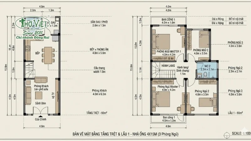 Bản vẽ mặt bằng nhà ống 2 tầng 4x15m 3 phòng ngủ