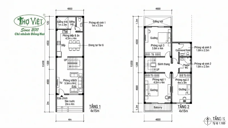Bản vẽ mặt bằng nhà ống 2 tầng 4x15m 3 phòng ngủ