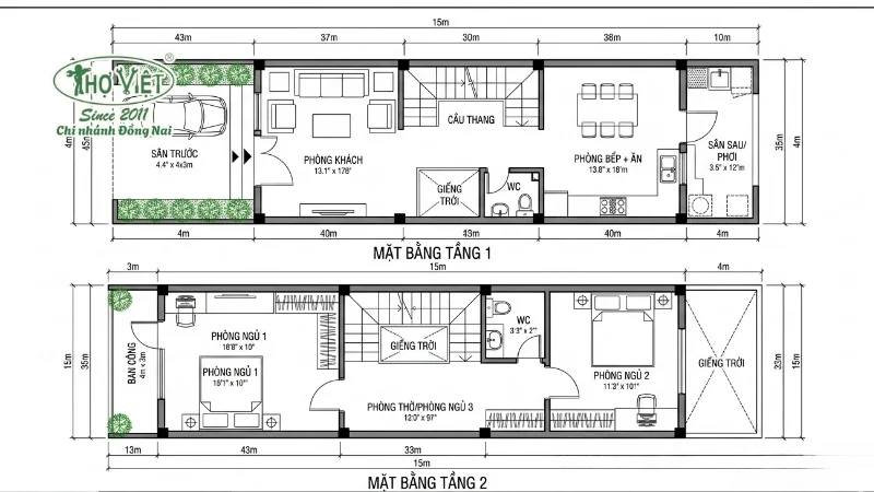 Bản vẽ mặt bằng nhà ống 2 tầng 4x15m 3 phòng ngủ