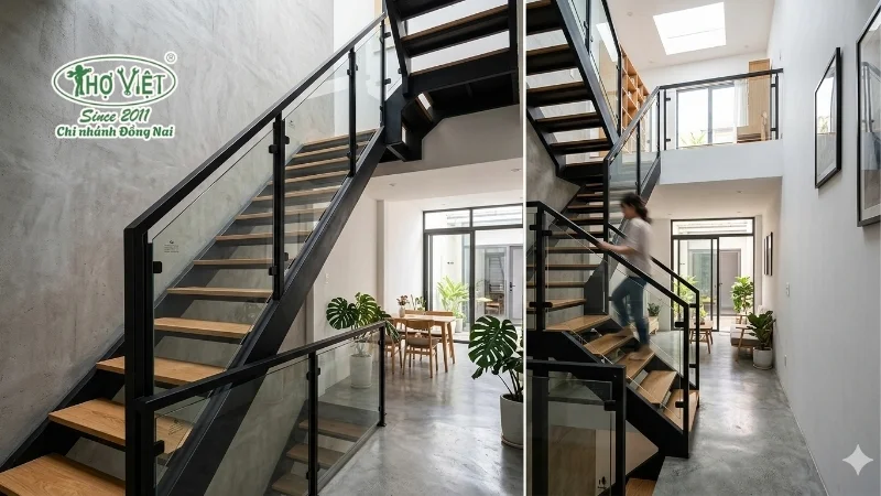 50+ mẫu cầu thang sắt đẹp cho nhà ống tiện nghi và an toàn 3 Cầu thang sắt kết hợp kính cường lực