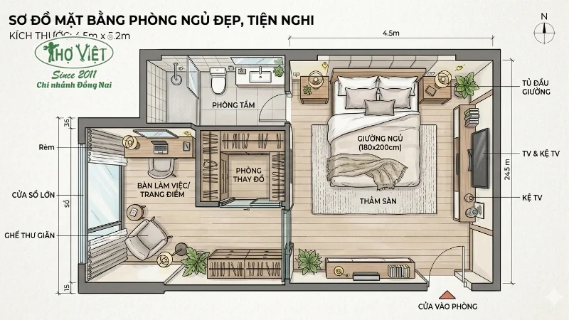 mẫu mặt bằng phòng ngủ đúng tiêu chuẩn