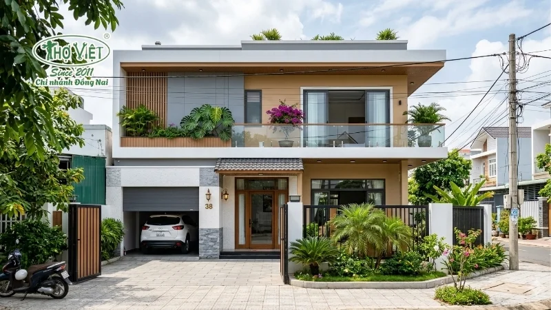 mẫu nhà 2 tầng mặt tiền 8m hiện đại đẹp tiện nghi