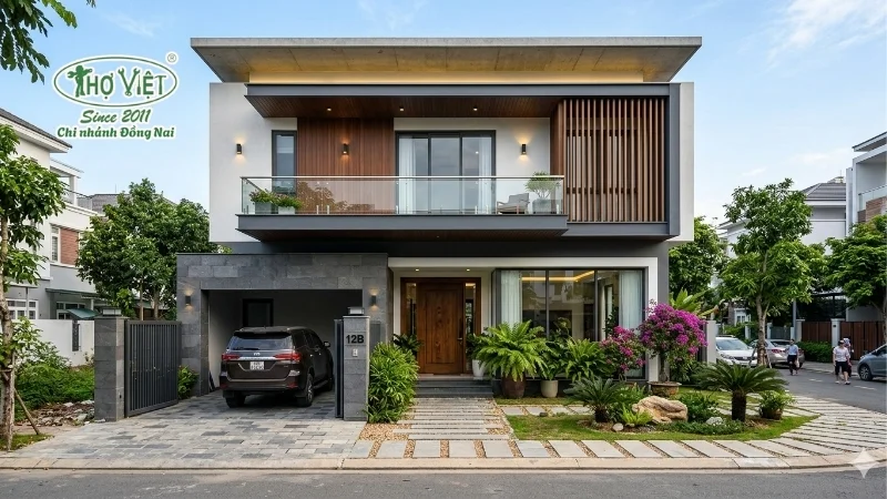 mẫu nhà 2 tầng mặt tiền 8m hiện đại đẹp tiện nghi