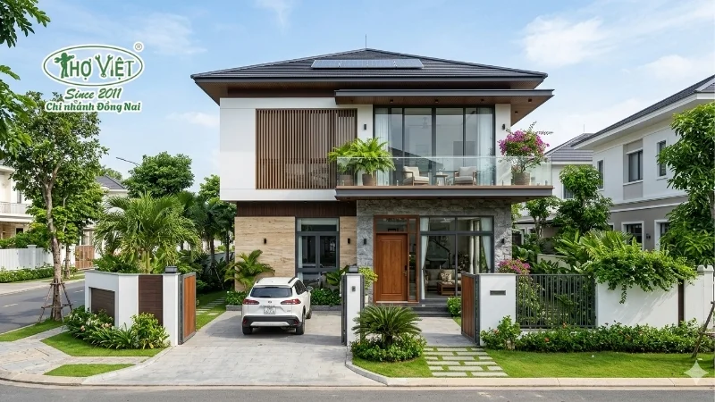 mẫu nhà 2 tầng mặt tiền 8m hiện đại đẹp tiện nghi