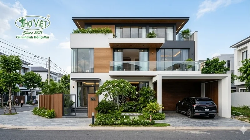 mẫu nhà 2 tầng mặt tiền 8m hiện đại đẹp tiện nghi