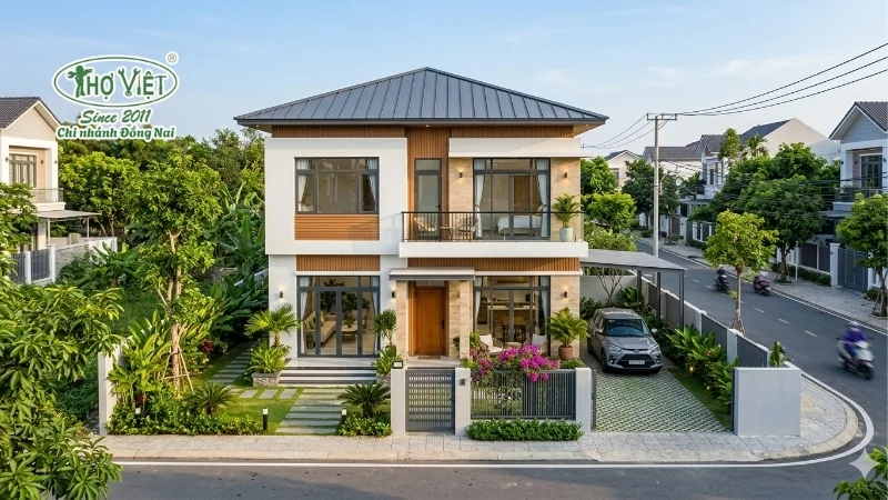 mẫu nhà 2 tầng mặt tiền 8m hiện đại đẹp tiện nghi