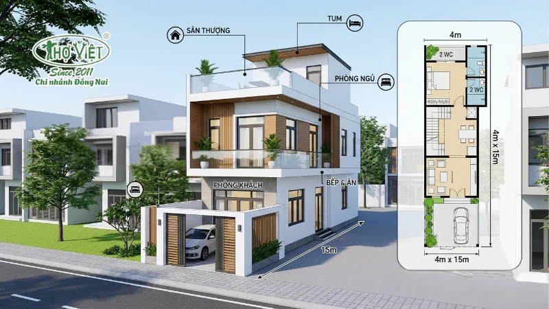 mẫu nhà ống 2 tầng 4x15m có 3 phòng ngủ đẹp mê ly