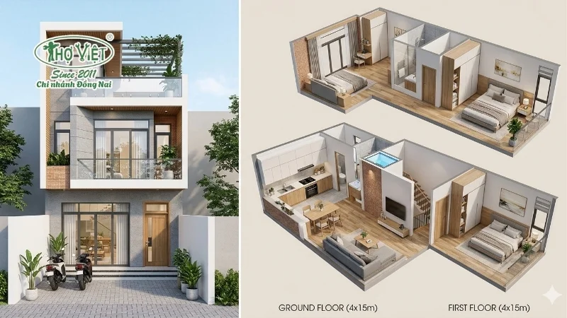 mẫu nhà ống 2 tầng 4x15m có 3 phòng ngủ đẹp mê ly