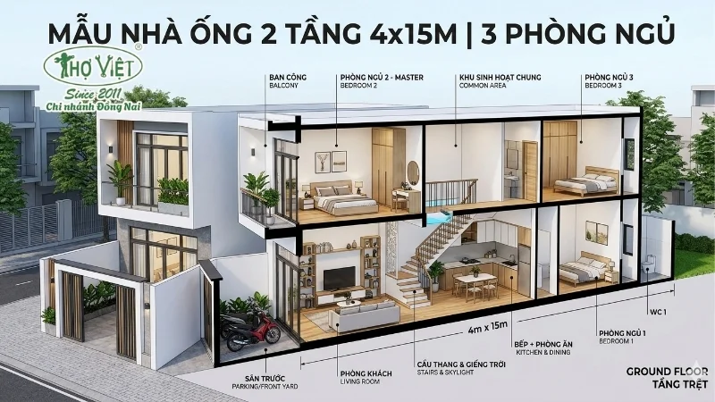 mẫu nhà ống 2 tầng 4x15m có 3 phòng ngủ đẹp mê ly