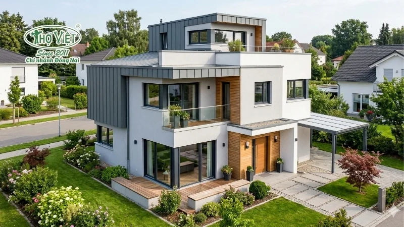 Nhà 2 tầng 1 tum phong cách hiện đại