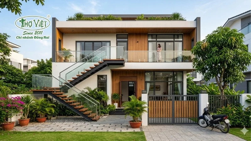 mẫu nhà 2 tầng cầu thang ngoài trời ấn tượng