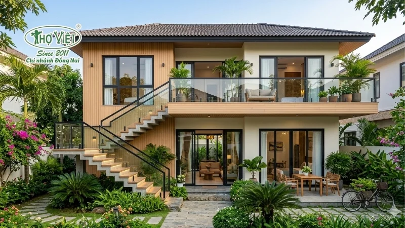 mẫu nhà 2 tầng cầu thang ngoài trời ấn tượng