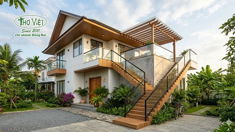 mẫu nhà 2 tầng cầu thang ngoài trời ấn tượng