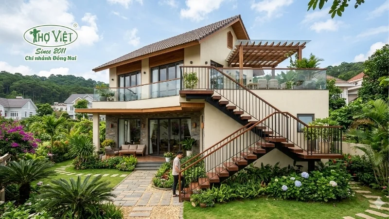 mẫu nhà 2 tầng cầu thang ngoài trời ấn tượng