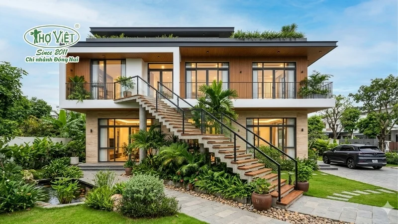 mẫu nhà 2 tầng cầu thang ngoài trời ấn tượng