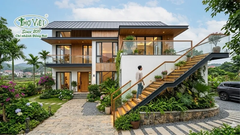 mẫu nhà 2 tầng cầu thang ngoài trời ấn tượng