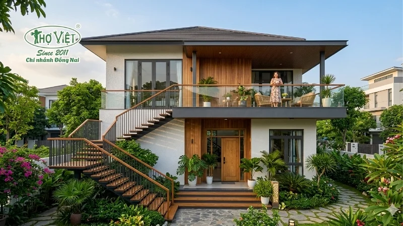 mẫu nhà 2 tầng cầu thang ngoài trời ấn tượng