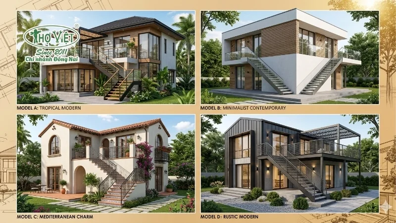 mẫu nhà 2 tầng cầu thang ngoài trời ấn tượng